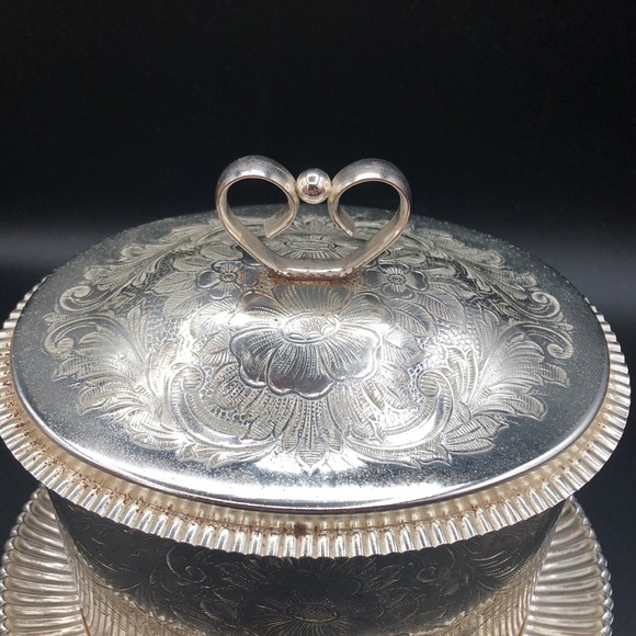 VINTAGE MAYELL SILVER PLATE BISCUIT BARREL ETCHED FLORAL, ATTACHED UNDERPLATE - Picture 3 of 10